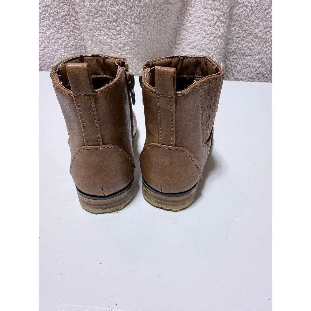 Toddler Kids Brown Faux Leather Ankle Boots Side Zip Booties Size 8